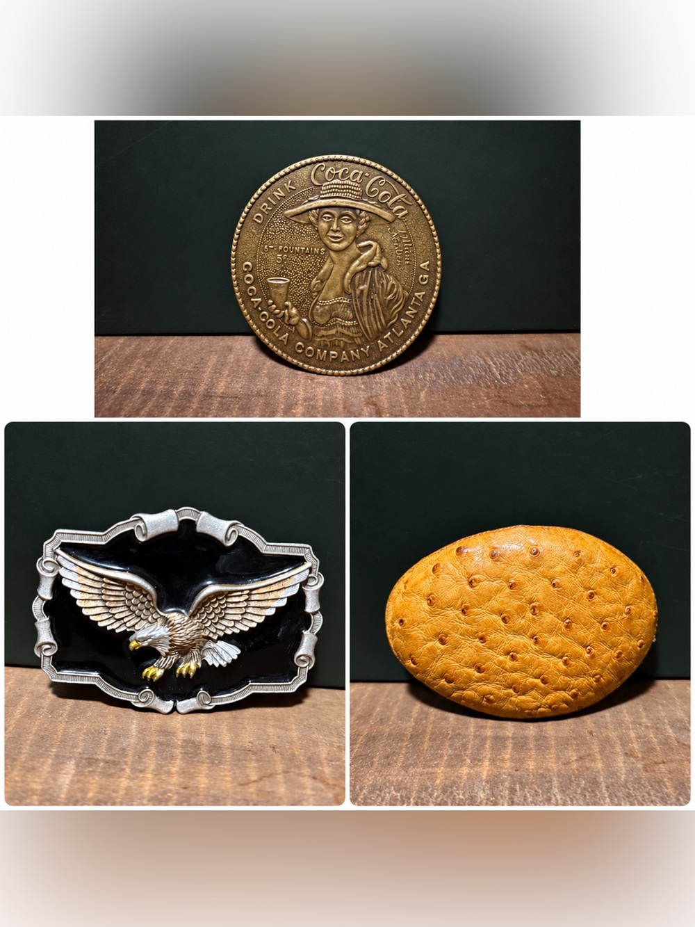 Vintage Belt Buckle Lot of 3 Coca Cola Eagle Ostrich Leather Western Buckles
